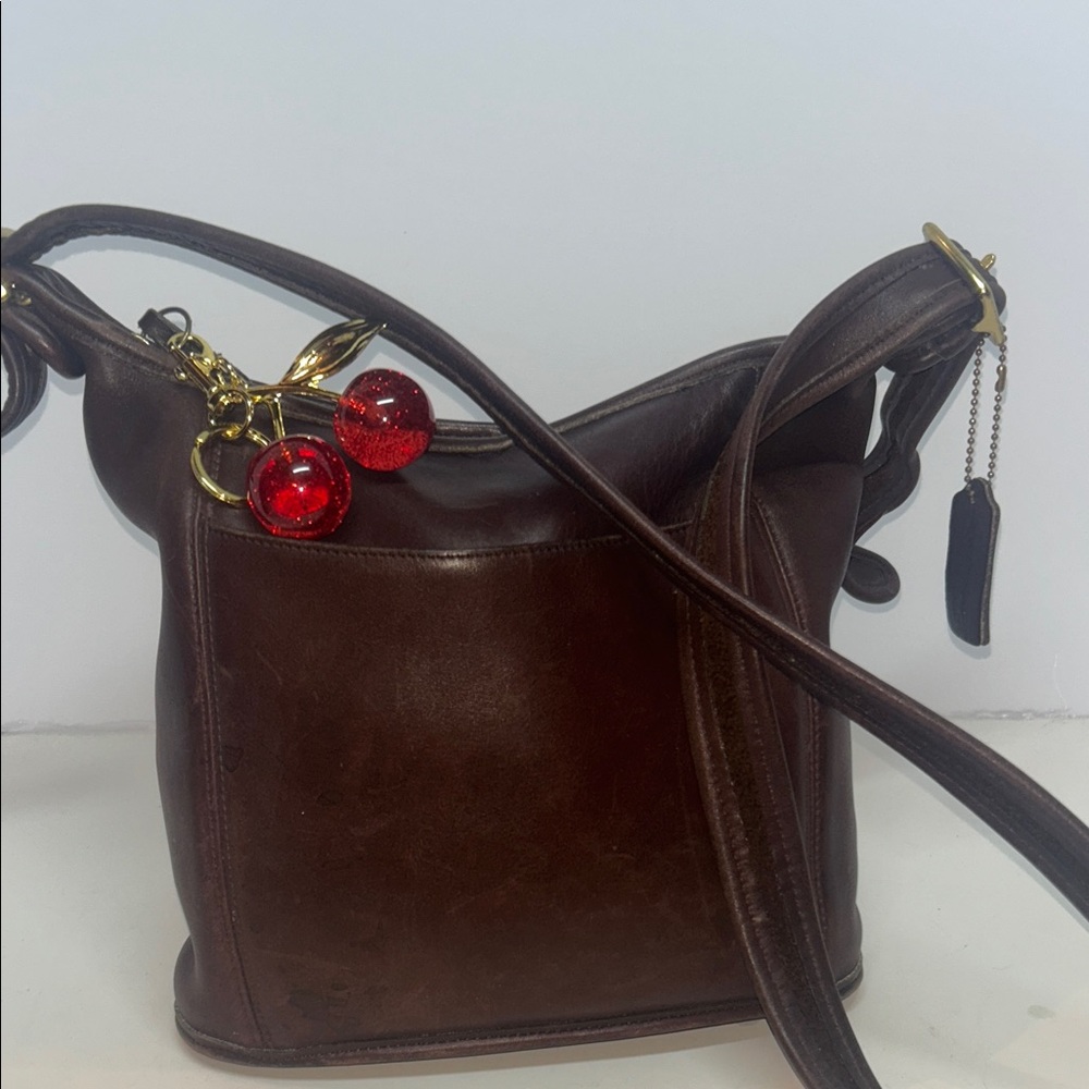 Coach Dark Brown Leather Shoulder Bag with Red Accents